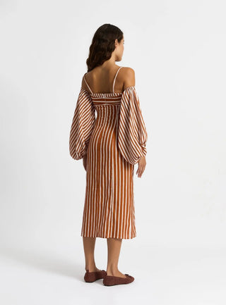 Laagam Nara Brown Striped Midi Dress - Anavi