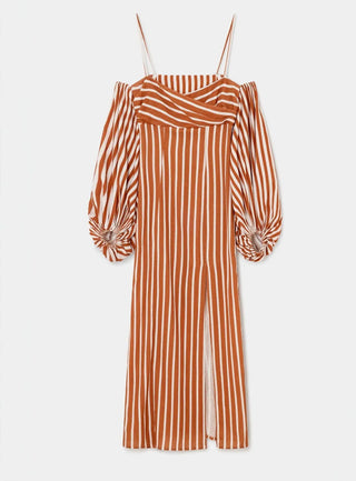 Laagam Nara Brown Striped Midi Dress - Anavi
