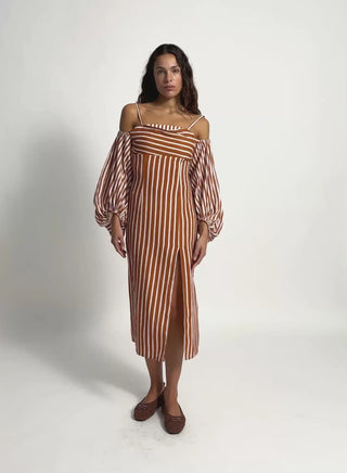Laagam Nara Brown Striped Midi Dress - Anavi