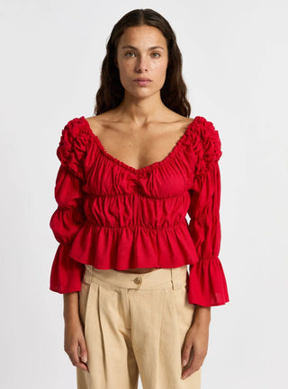 Laagam Sadie Red Linen Ruched Blouse - Anavi