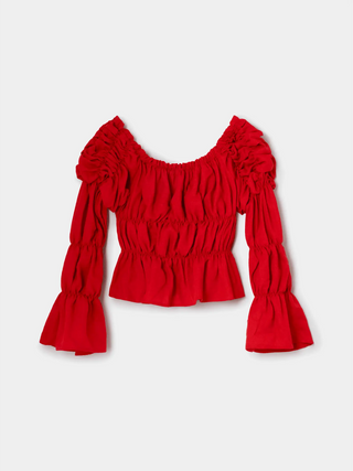 Laagam Sadie Red Linen Ruched Blouse - Anavi