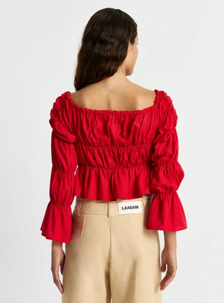 Laagam Sadie Red Linen Ruched Blouse - Anavi